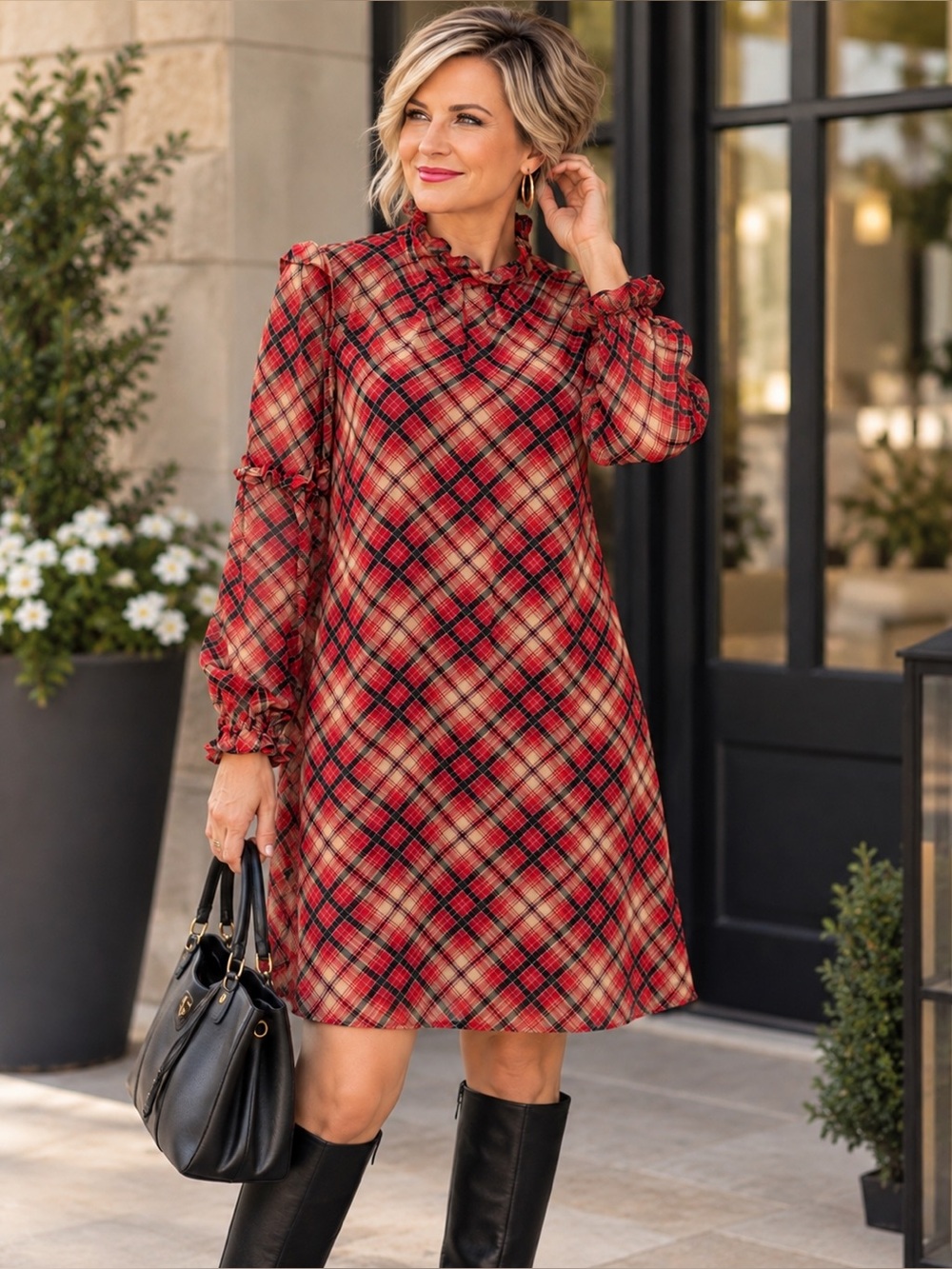 𝙏𝙤𝙢𝙢𝙮 𝙃𝙞𝙡𝙛𝙞𝙜𝙚𝙧 Dress Plaid Ruffled Chiffon Shift Size 10